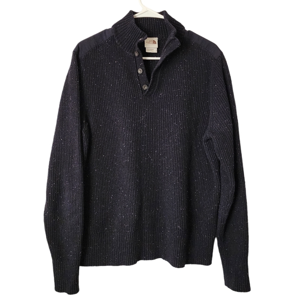 NORTH FACE Mock Neck 1/4 button up knit sweater in marled navy wool blend‎ Large